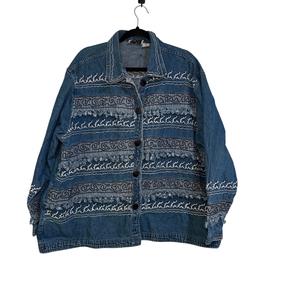 Keren Hart Denim Jacket Women 4X Embroidered Fringe Boho Y2K
